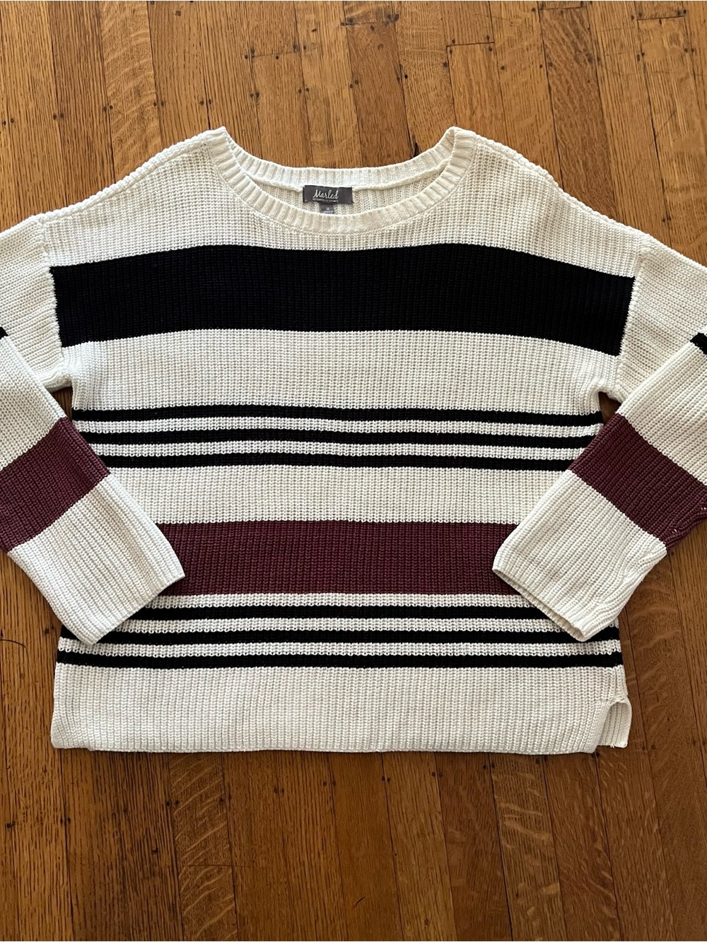Marled Cream Crewneck Sweater with Black and Burgundy Stripes